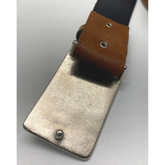 Western Style Brown Faux Leather Belt Ornate Red Enamel Silver Tone Buckle - Picture 3 of 10